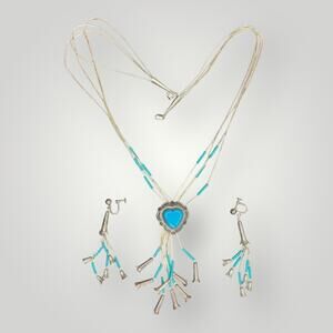 Vintage Sterling Silver Turquoise Heart Necklace & Earrings Set